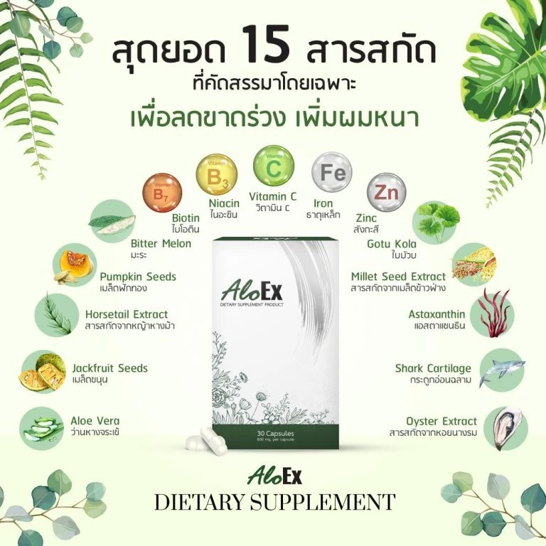 AloEx Dietary Supplement อาหารเสริมบำรุงเส้นผมด้วยไบโอตินและสารสกัดเข้มข้น