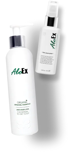AloEx serum and shampoo bottles
